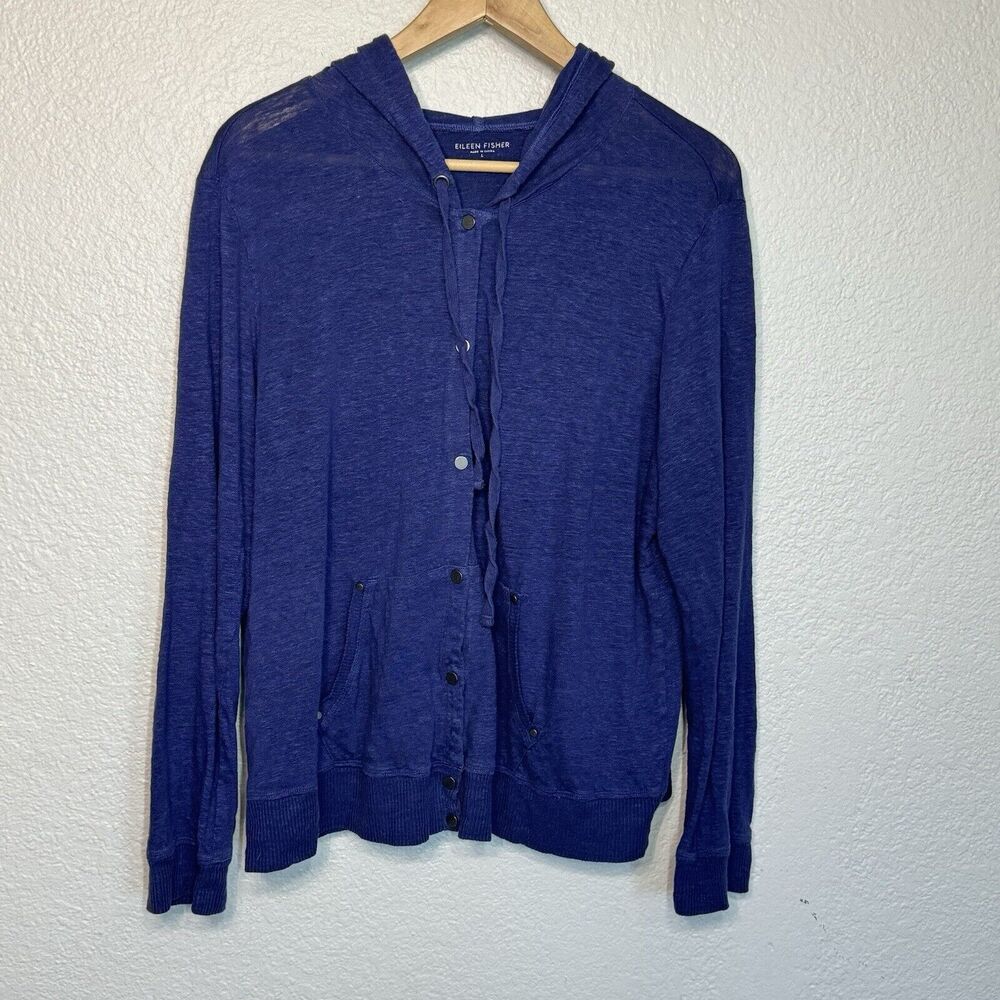 Eileen Fisher Cardigan L Blue Linen Hooded Snap Closure Lagenlook Coastal Travel